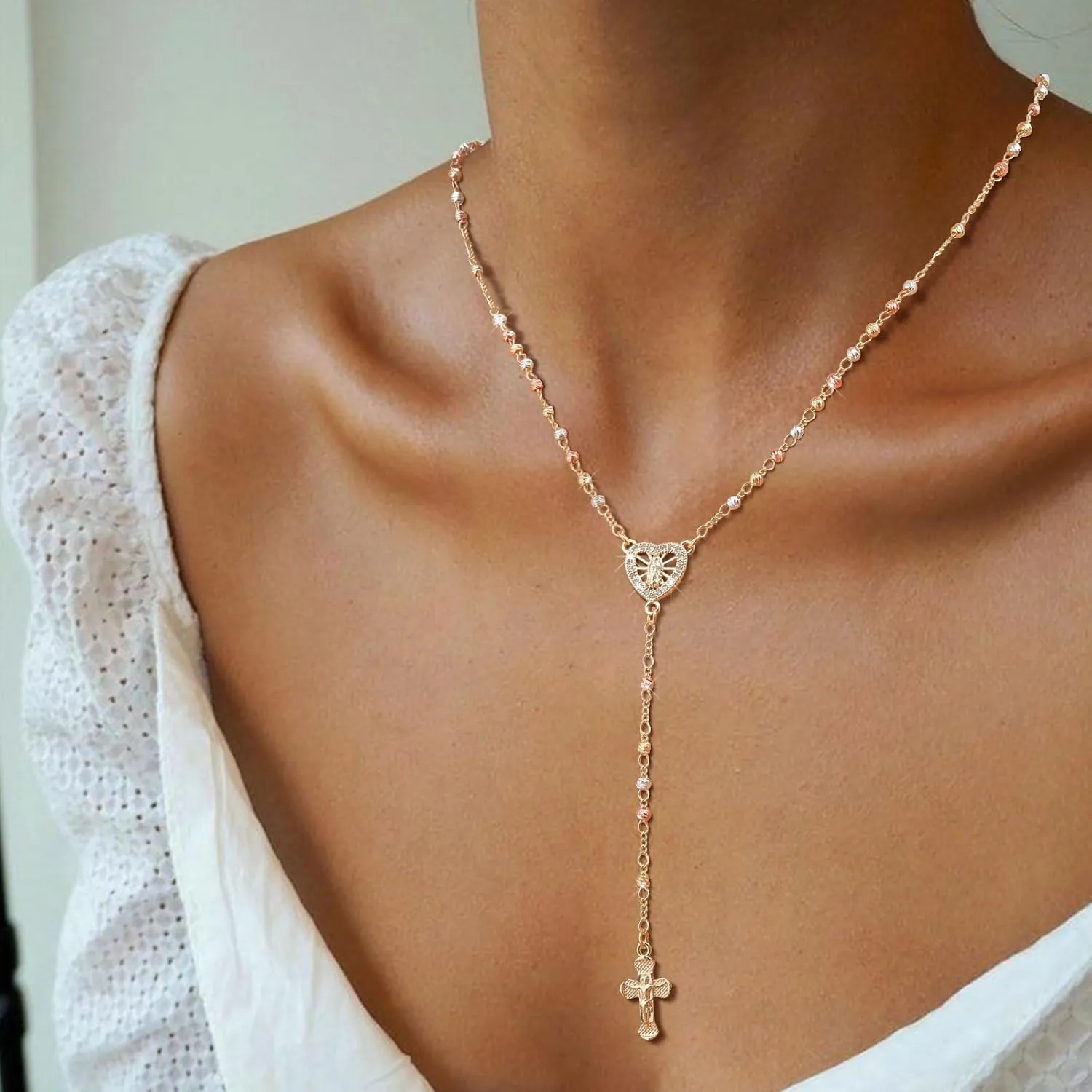 Women's Gold Virgin Mary Necklace - 14k Gold Plated Rosary Bead Cross Necklaces,Hypoallergenic Non Tarnish Gold Catholic Y Chain Necklace,Religious Rosary Beads Crucifix Necklaces Jewelry Gift for Her