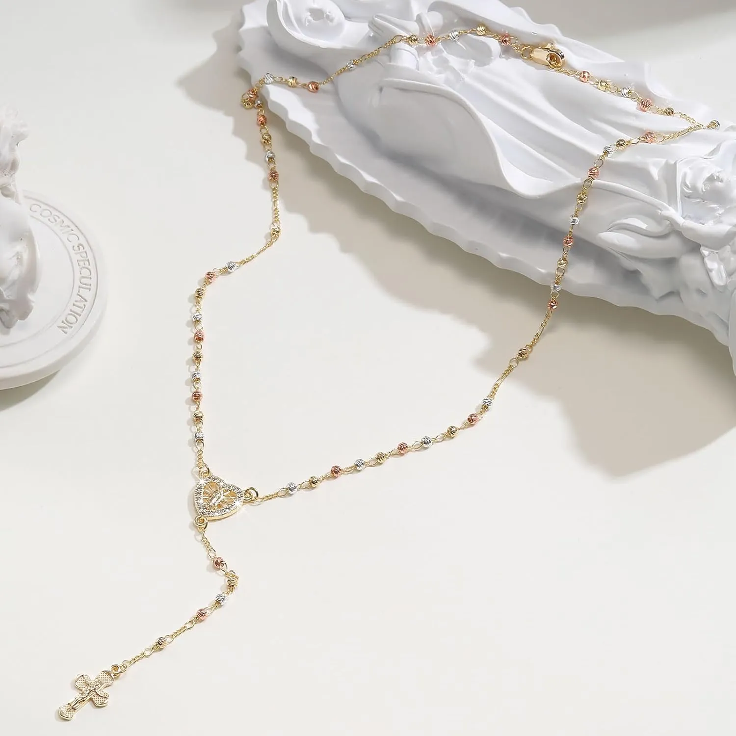 Women's Gold Virgin Mary Necklace - 14k Gold Plated Rosary Bead Cross Necklaces,Hypoallergenic Non Tarnish Gold Catholic Y Chain Necklace,Religious Rosary Beads Crucifix Necklaces Jewelry Gift for Her