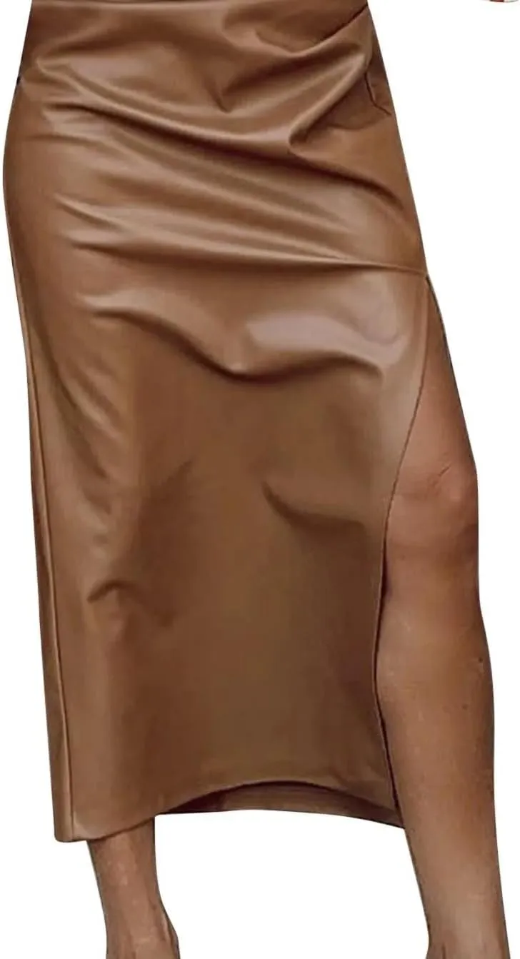 Womens High Waist Faux Leather Midi Skirt Solid Color Sexy Knee Length Bodycon Skirts