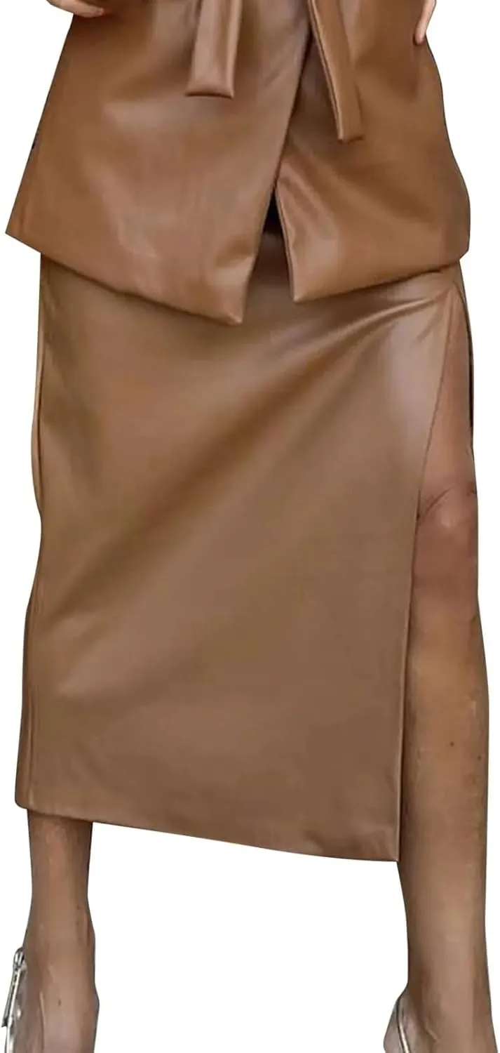 Womens High Waist Faux Leather Midi Skirt Solid Color Sexy Knee Length Bodycon Skirts