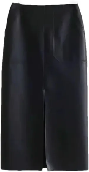 Womens High Waist Front Pockets Leather Midi Skirt Retro Back Split Knee Length PU Long Tube Skirts
