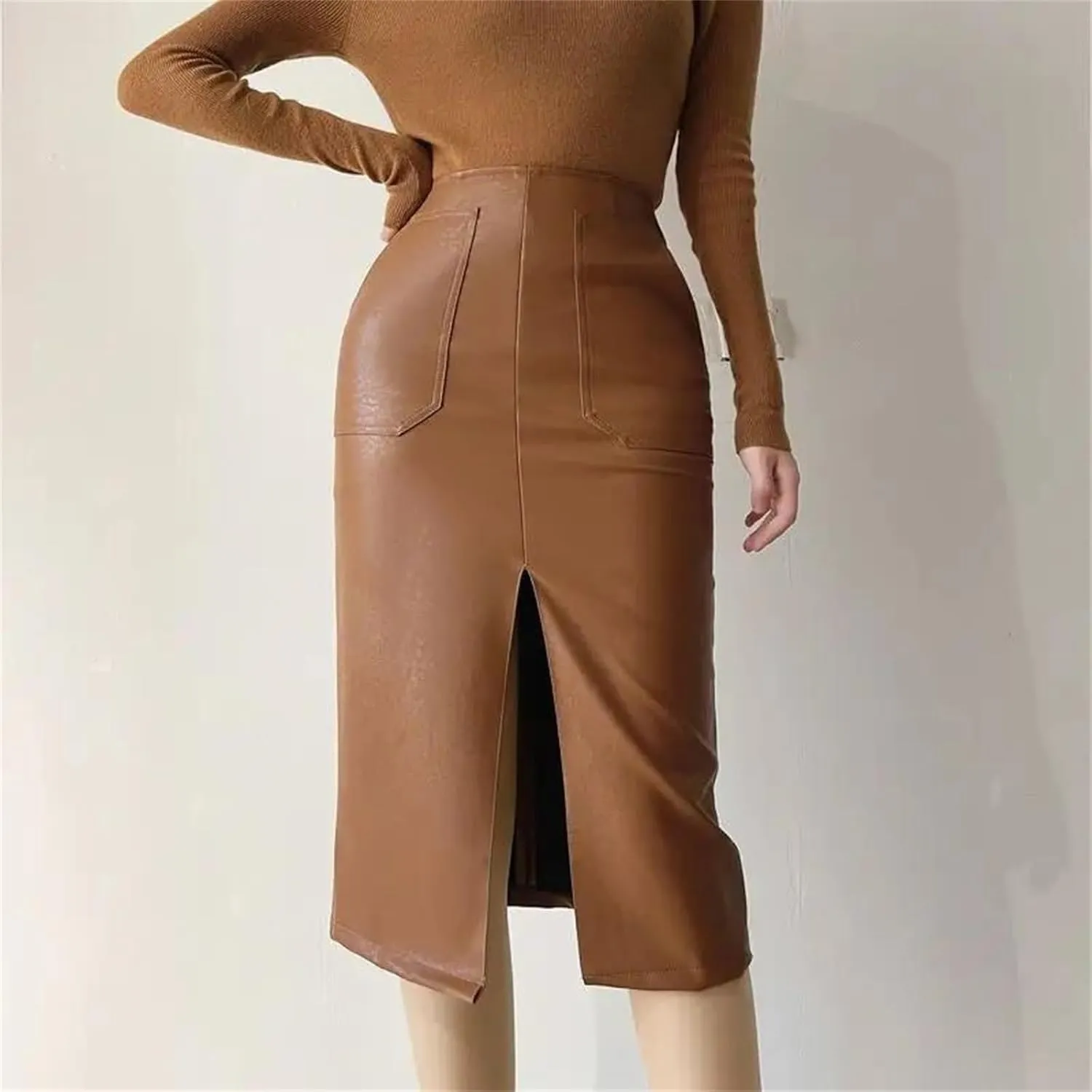 Womens High Waist Front Pockets Leather Midi Skirt Retro Back Split Knee Length PU Long Tube Skirts