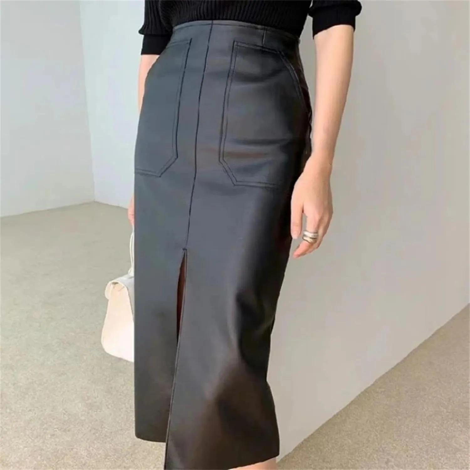 Womens High Waist Front Pockets Leather Midi Skirt Retro Back Split Knee Length PU Long Tube Skirts