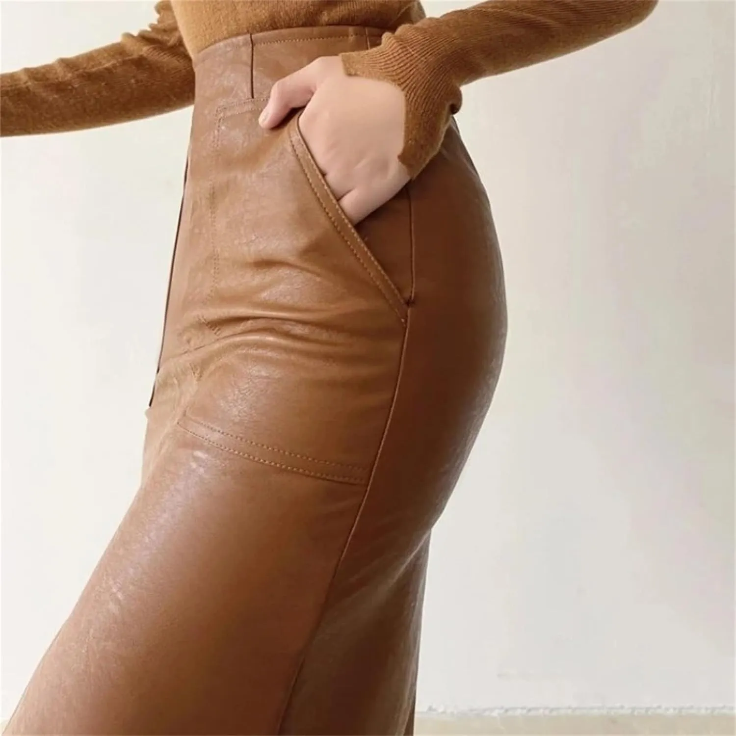 Womens High Waist Front Pockets Leather Midi Skirt Retro Back Split Knee Length PU Long Tube Skirts
