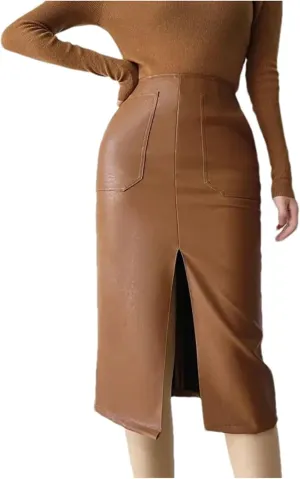 Womens High Waist Front Pockets Leather Midi Skirt Retro Back Split Knee Length PU Long Tube Skirts