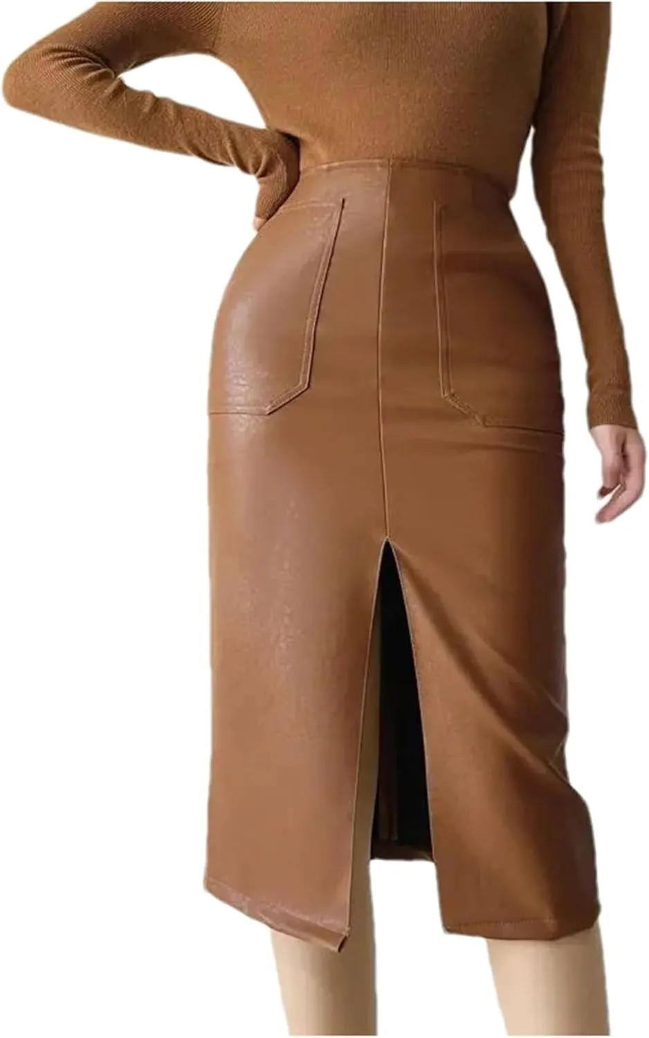 Womens High Waist Front Pockets Leather Midi Skirt Retro Back Split Knee Length PU Long Tube Skirts