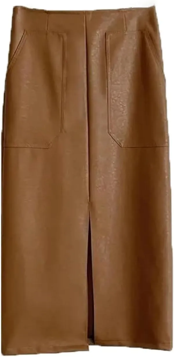Womens High Waist Front Pockets Leather Midi Skirt Retro Back Split Knee Length PU Long Tube Skirts