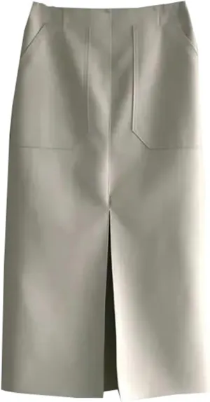 Womens High Waist Front Pockets Leather Midi Skirt Retro Back Split Knee Length PU Long Tube Skirts