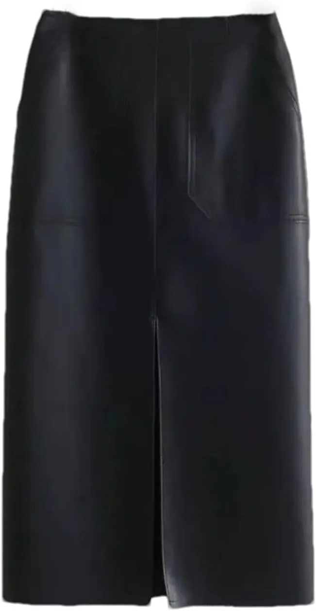 Womens High Waist Front Pockets Leather Midi Skirt Retro Back Split Knee Length PU Long Tube Skirts
