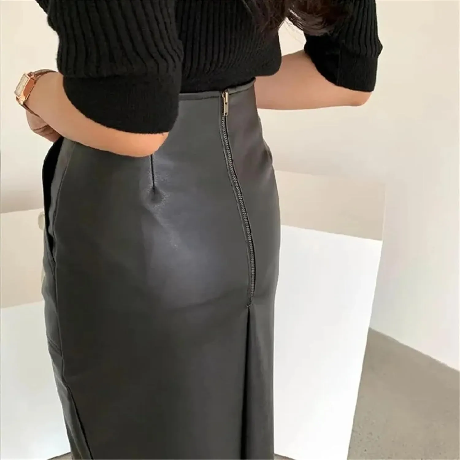 Womens High Waist Front Pockets Leather Midi Skirt Retro Back Split Knee Length PU Long Tube Skirts