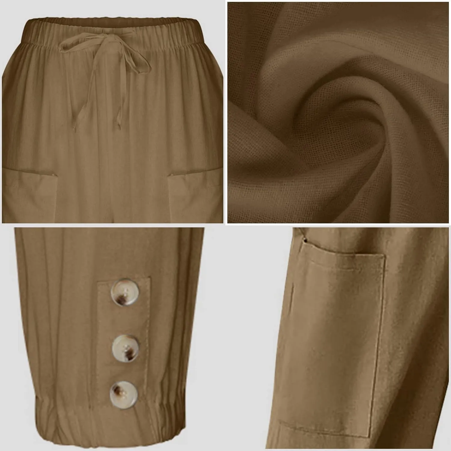 Women's High Waist Pants Drawstring Capri Pants with Pockets Wide Leg Cropped Pants for Women