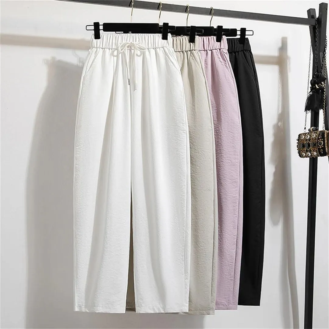 Women's High Waist Plus Size Pants Autumn Arrival Drawstring Wide Leg Loose Large Size Trousers