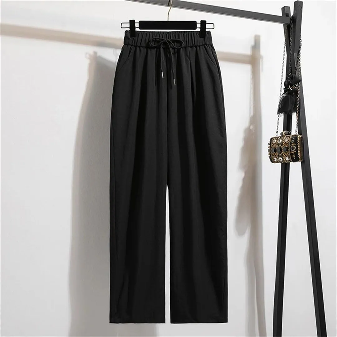 Women's High Waist Plus Size Pants Autumn Arrival Drawstring Wide Leg Loose Large Size Trousers