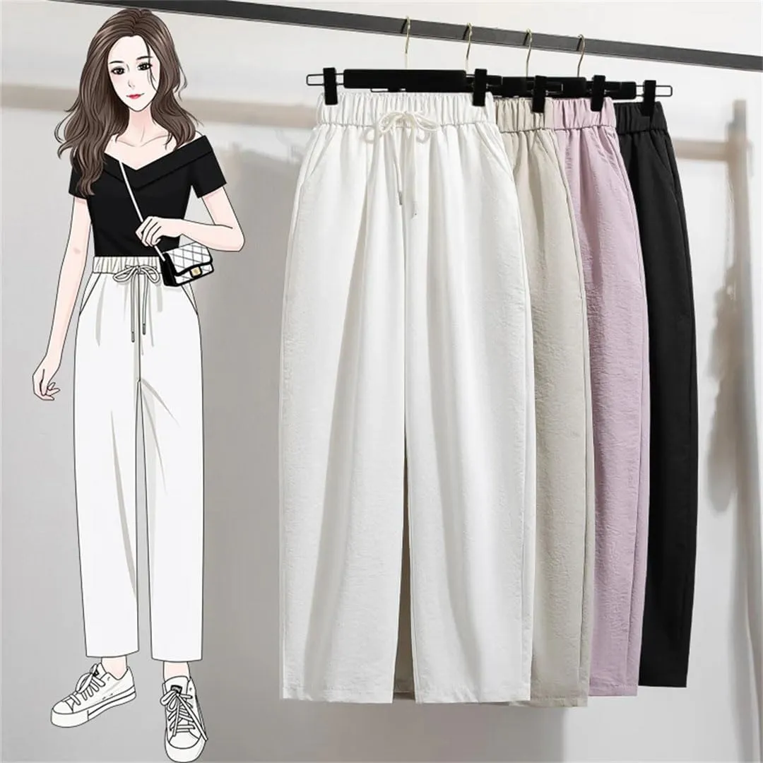 Women's High Waist Plus Size Pants Autumn Arrival Drawstring Wide Leg Loose Large Size Trousers