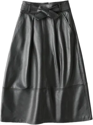 Womens High Waist Pu Leather Skirts with Belt Casual A-Line Faux Leather Midi Pencil Skirt