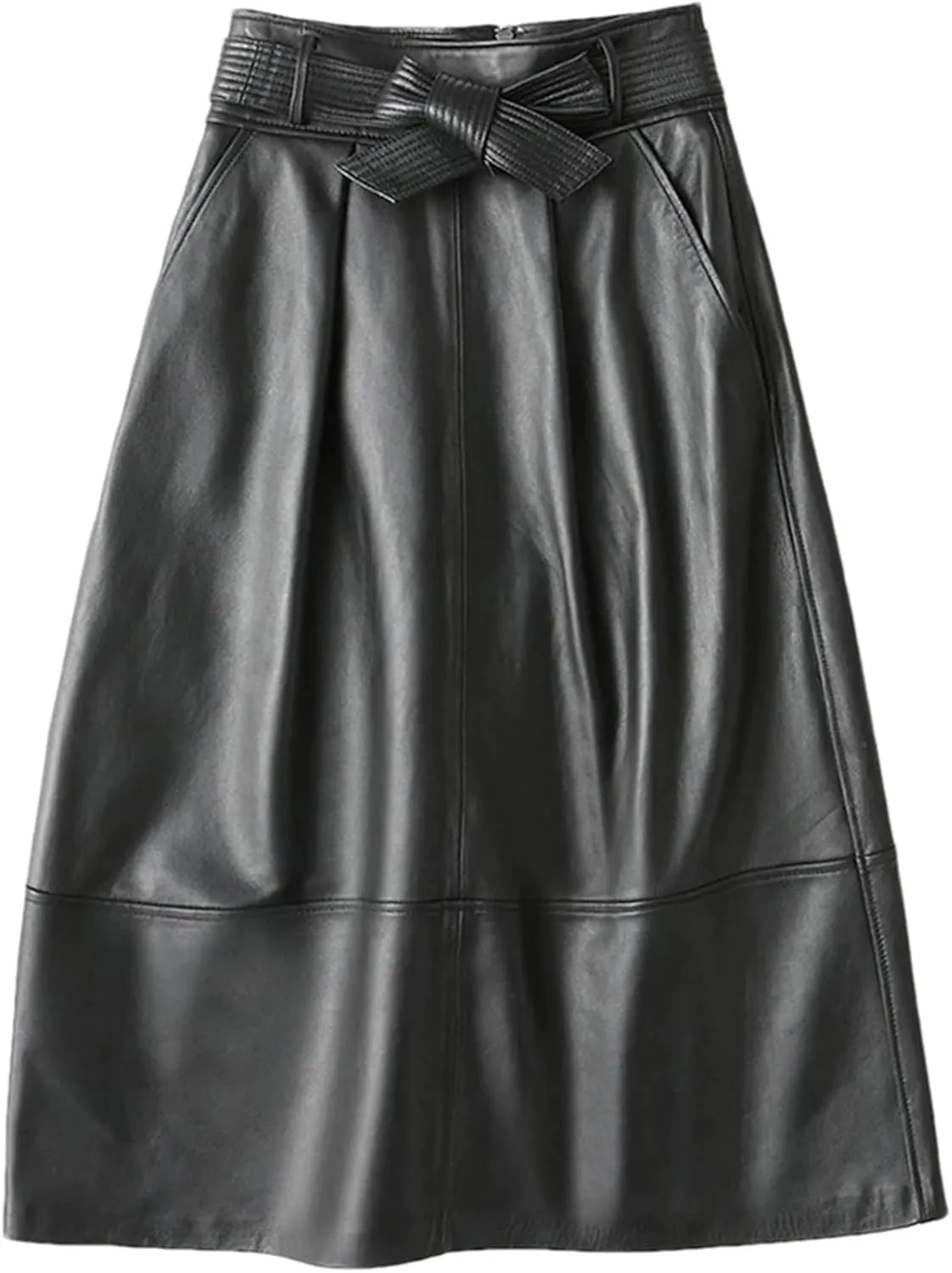 Womens High Waist Pu Leather Skirts with Belt Casual A-Line Faux Leather Midi Pencil Skirt