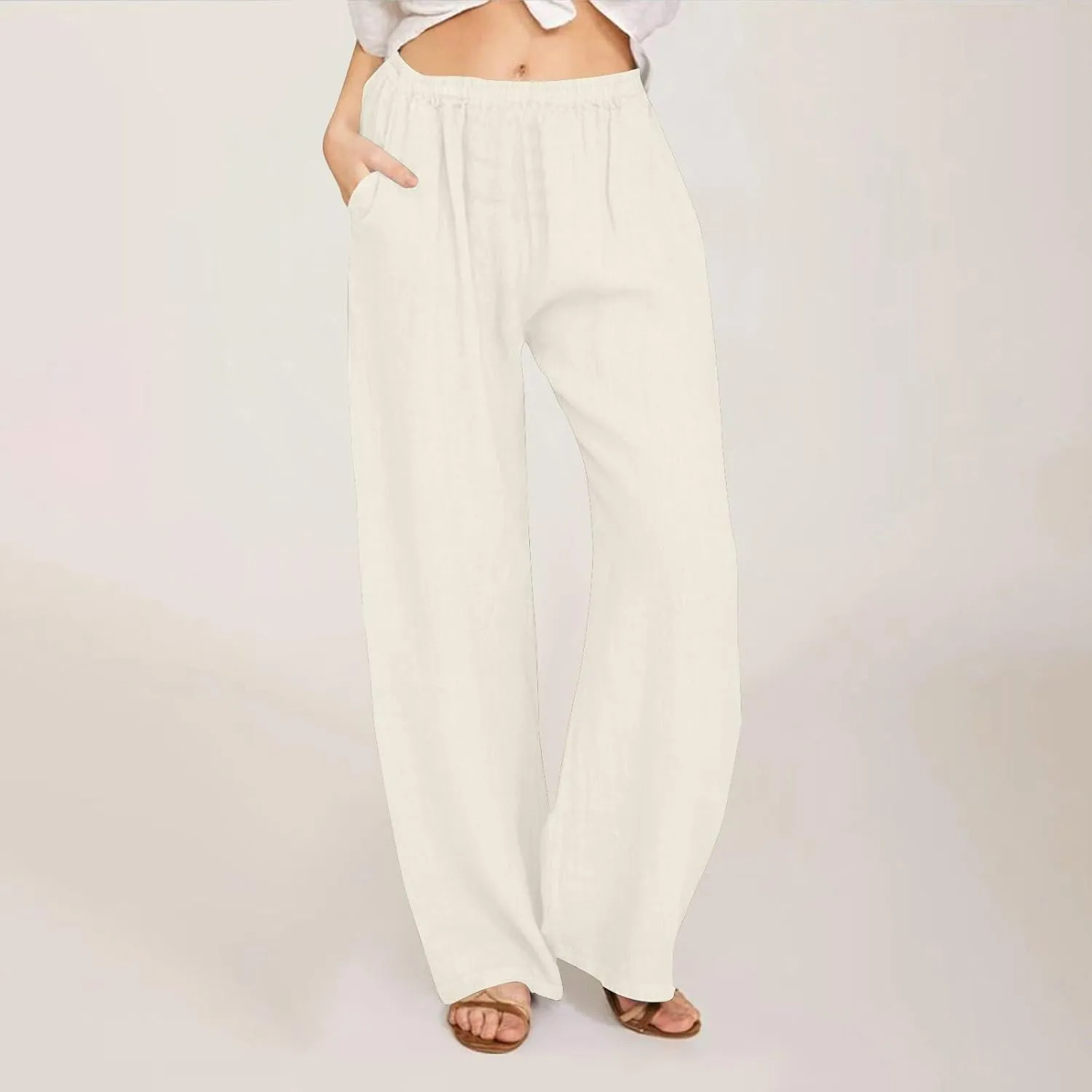 Women's Linen Palazzo Pants Plus Size Elastic High Waist Casual Beach Pant Flowy Summer Trendy Lightweight Trousers