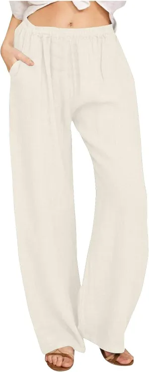 Women's Linen Palazzo Pants Plus Size Elastic High Waist Casual Beach Pant Flowy Summer Trendy Lightweight Trousers