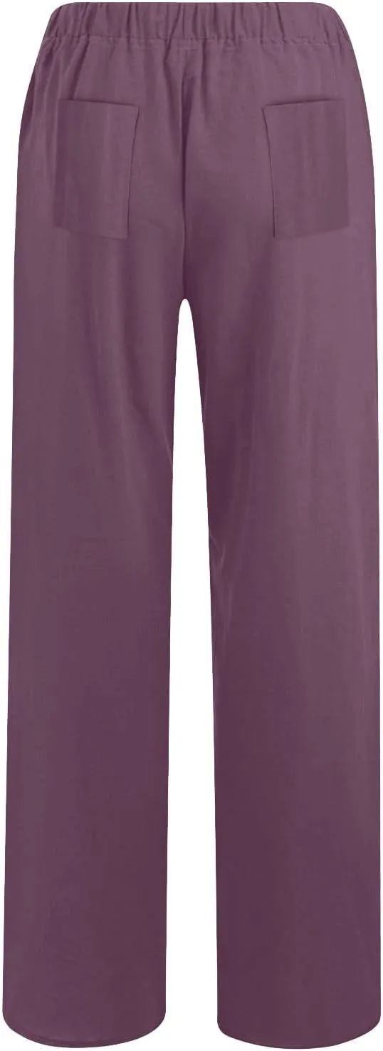 Women's Linen Palazzo Pants Plus Size Elastic High Waist Casual Beach Pant Flowy Summer Trendy Lightweight Trousers