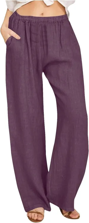 Women's Linen Palazzo Pants Plus Size Elastic High Waist Casual Beach Pant Flowy Summer Trendy Lightweight Trousers