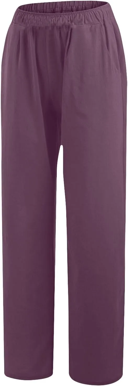 Women's Linen Palazzo Pants Plus Size Elastic High Waist Casual Beach Pant Flowy Summer Trendy Lightweight Trousers