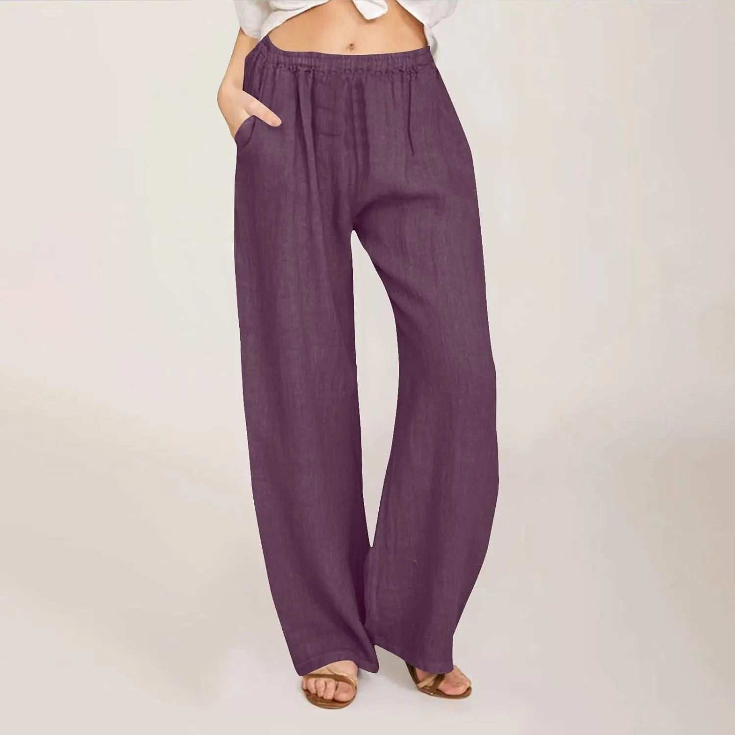 Women's Linen Palazzo Pants Plus Size Elastic High Waist Casual Beach Pant Flowy Summer Trendy Lightweight Trousers