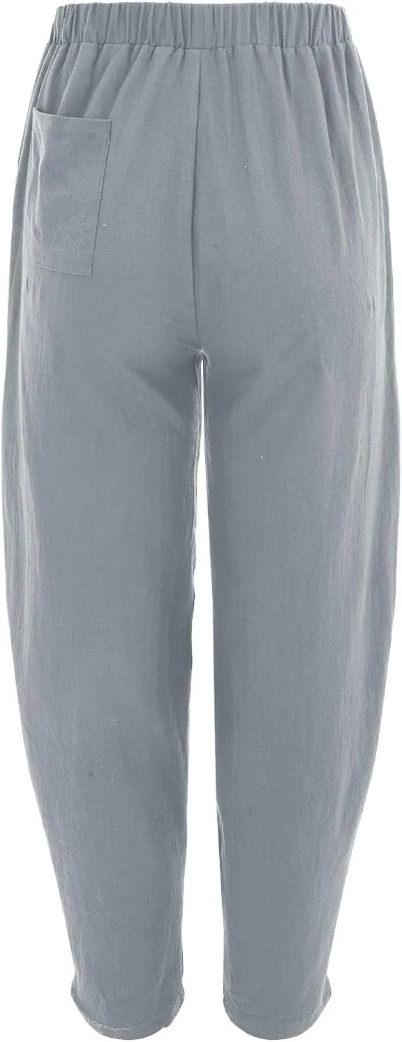 Women's Linen Summer Palazzo Pants Flowy Wide Leg Beach Pants High Elastic Waisted Lounge Trousers with Pockets