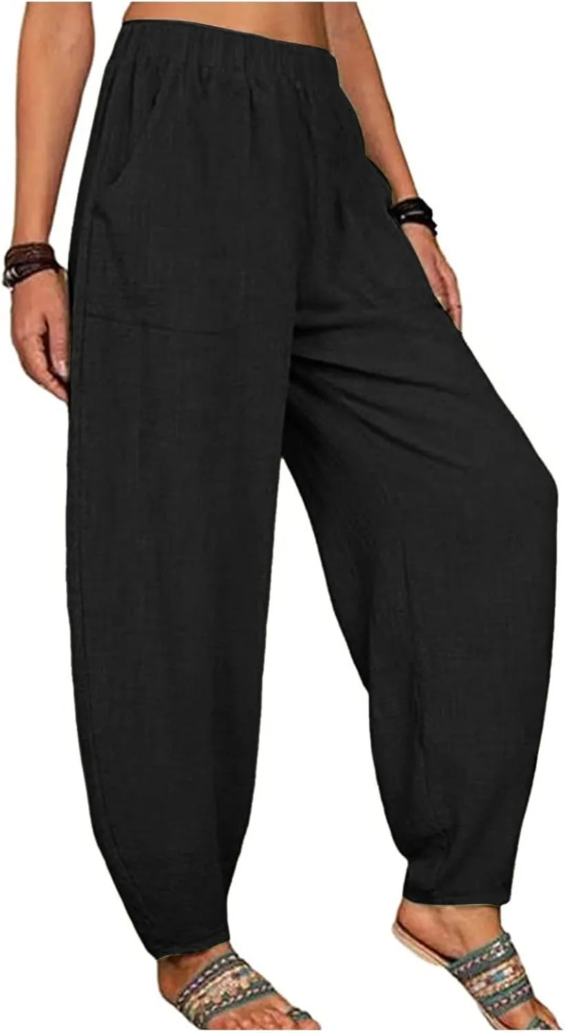 Women's Linen Summer Palazzo Pants Flowy Wide Leg Beach Pants High Elastic Waisted Lounge Trousers with Pockets