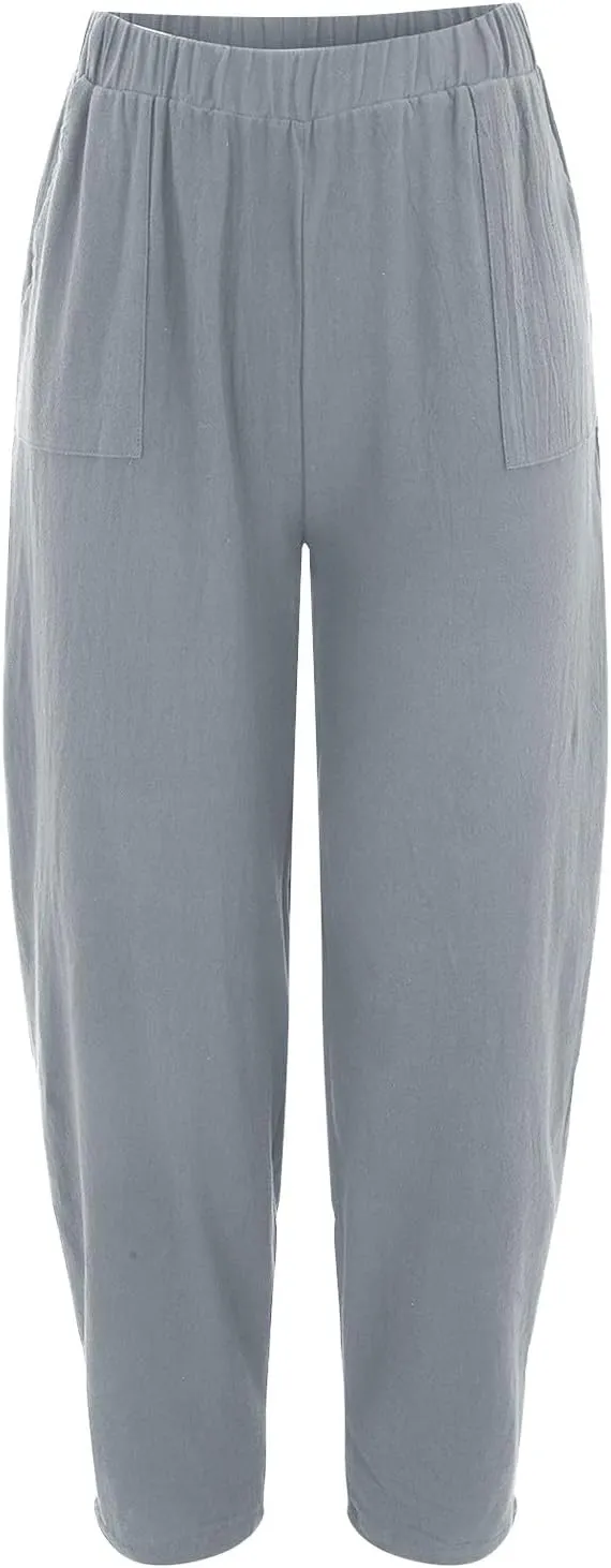 Women's Linen Summer Palazzo Pants Flowy Wide Leg Beach Pants High Elastic Waisted Lounge Trousers with Pockets