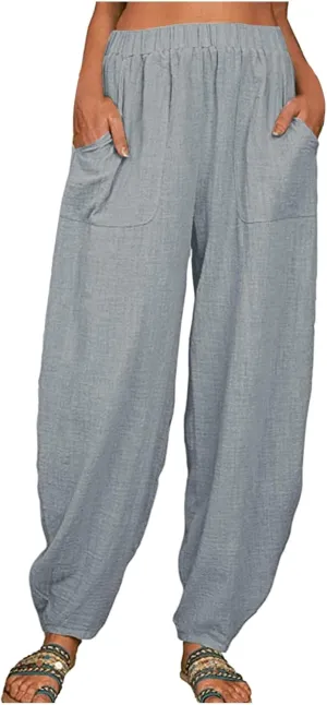 Women's Linen Summer Palazzo Pants Flowy Wide Leg Beach Pants High Elastic Waisted Lounge Trousers with Pockets
