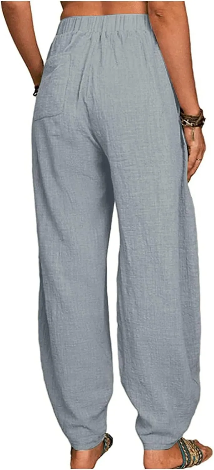 Women's Linen Summer Palazzo Pants Flowy Wide Leg Beach Pants High Elastic Waisted Lounge Trousers with Pockets