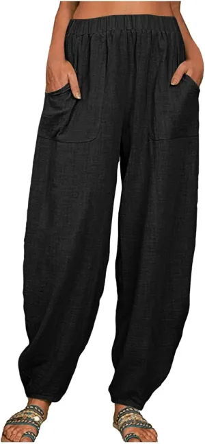 Women's Linen Summer Palazzo Pants Flowy Wide Leg Beach Pants High Elastic Waisted Lounge Trousers with Pockets