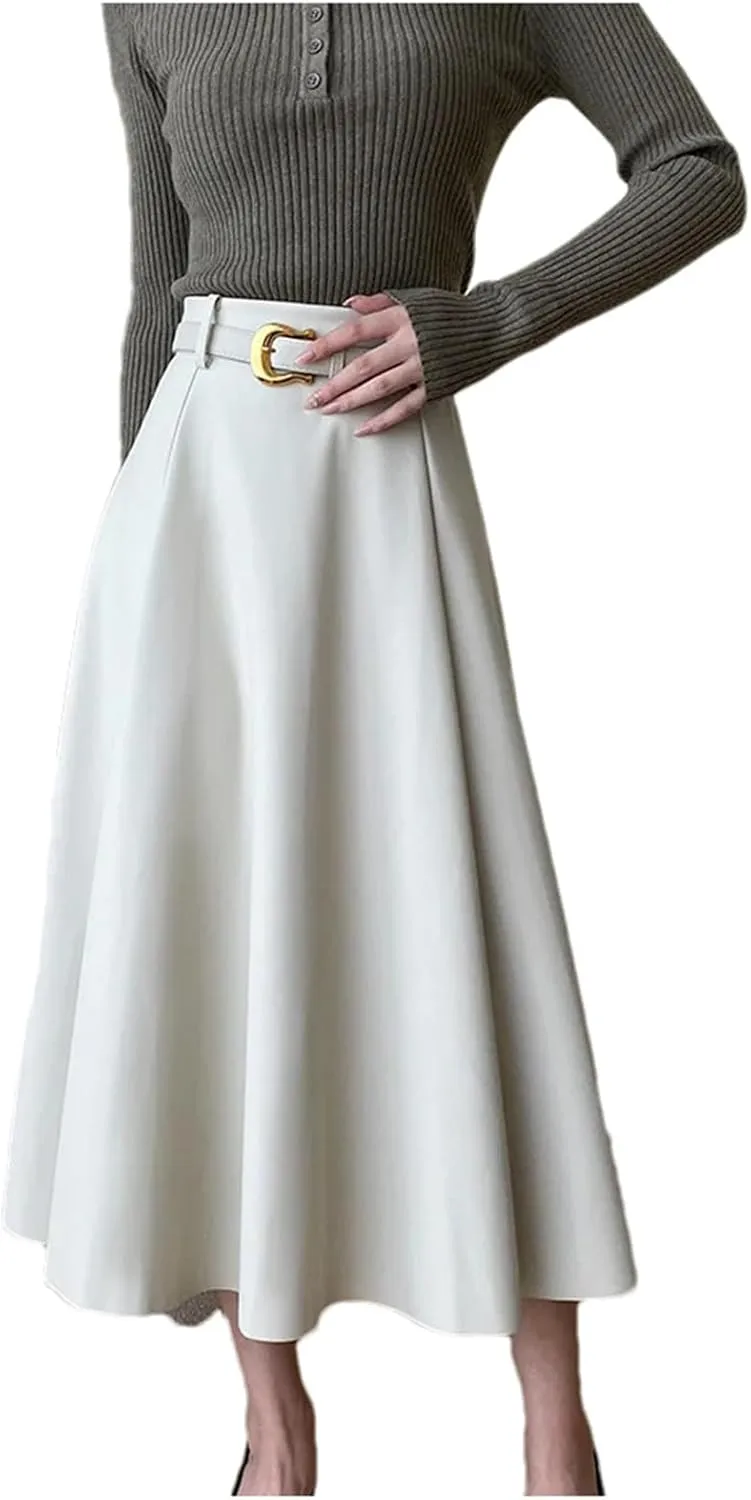 Womens PU Faux Leather Midi Skirt Retro High Waist A Line Pleated Skater Skirt