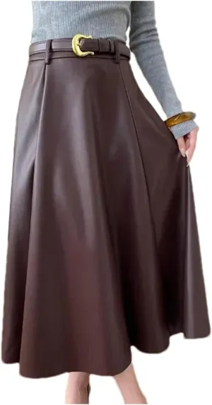 Womens PU Faux Leather Midi Skirt Retro High Waist A Line Pleated Skater Skirt