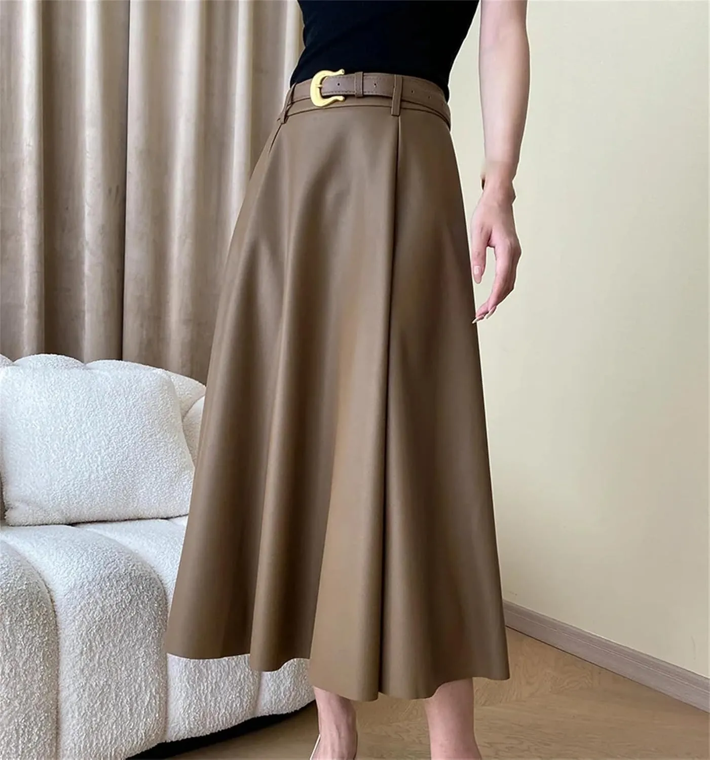 Womens PU Faux Leather Midi Skirt Retro High Waist A Line Pleated Skater Skirt