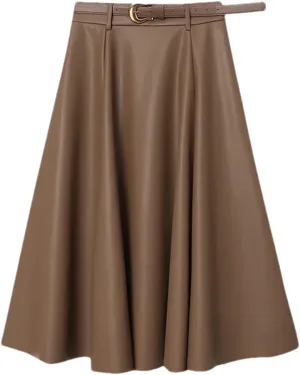 Womens PU Faux Leather Midi Skirt Retro High Waist A Line Pleated Skater Skirt