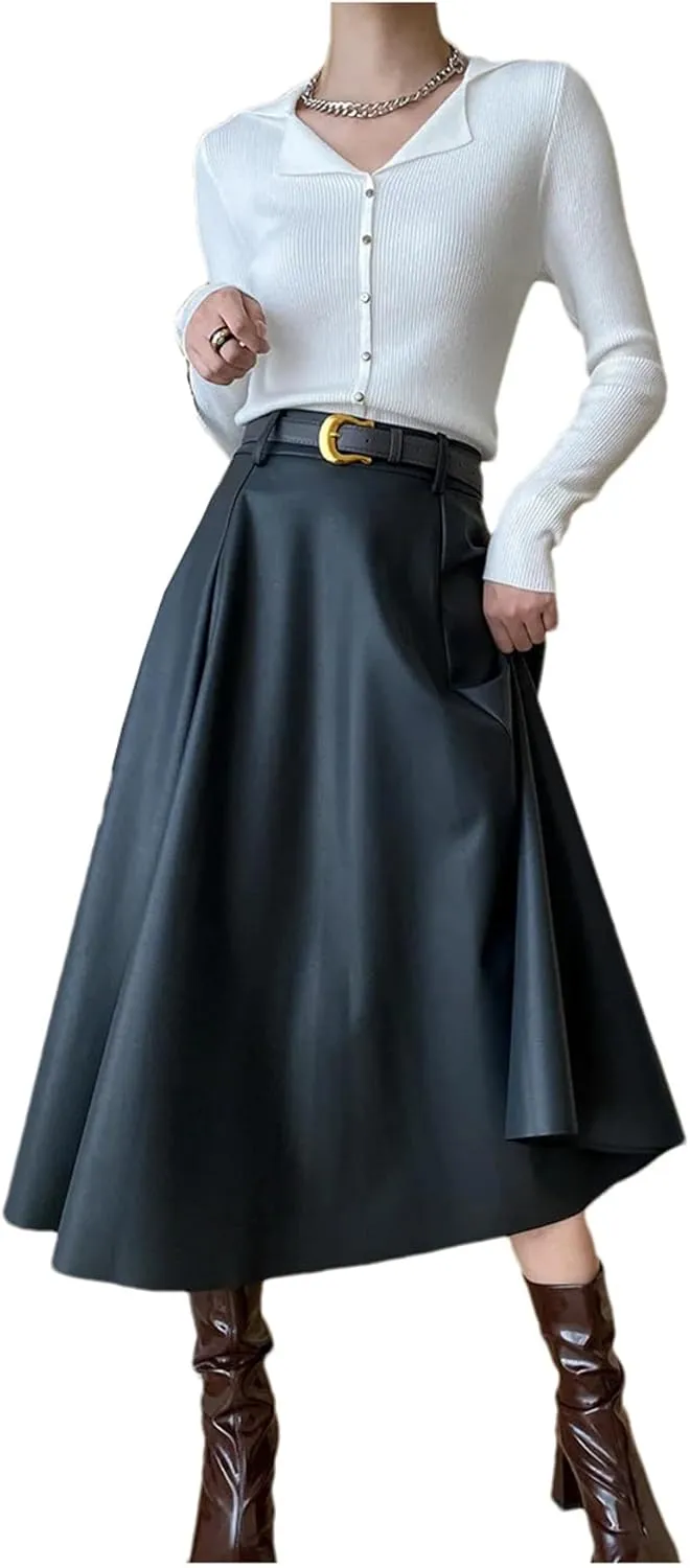 Womens PU Faux Leather Midi Skirt Retro High Waist A Line Pleated Skater Skirt