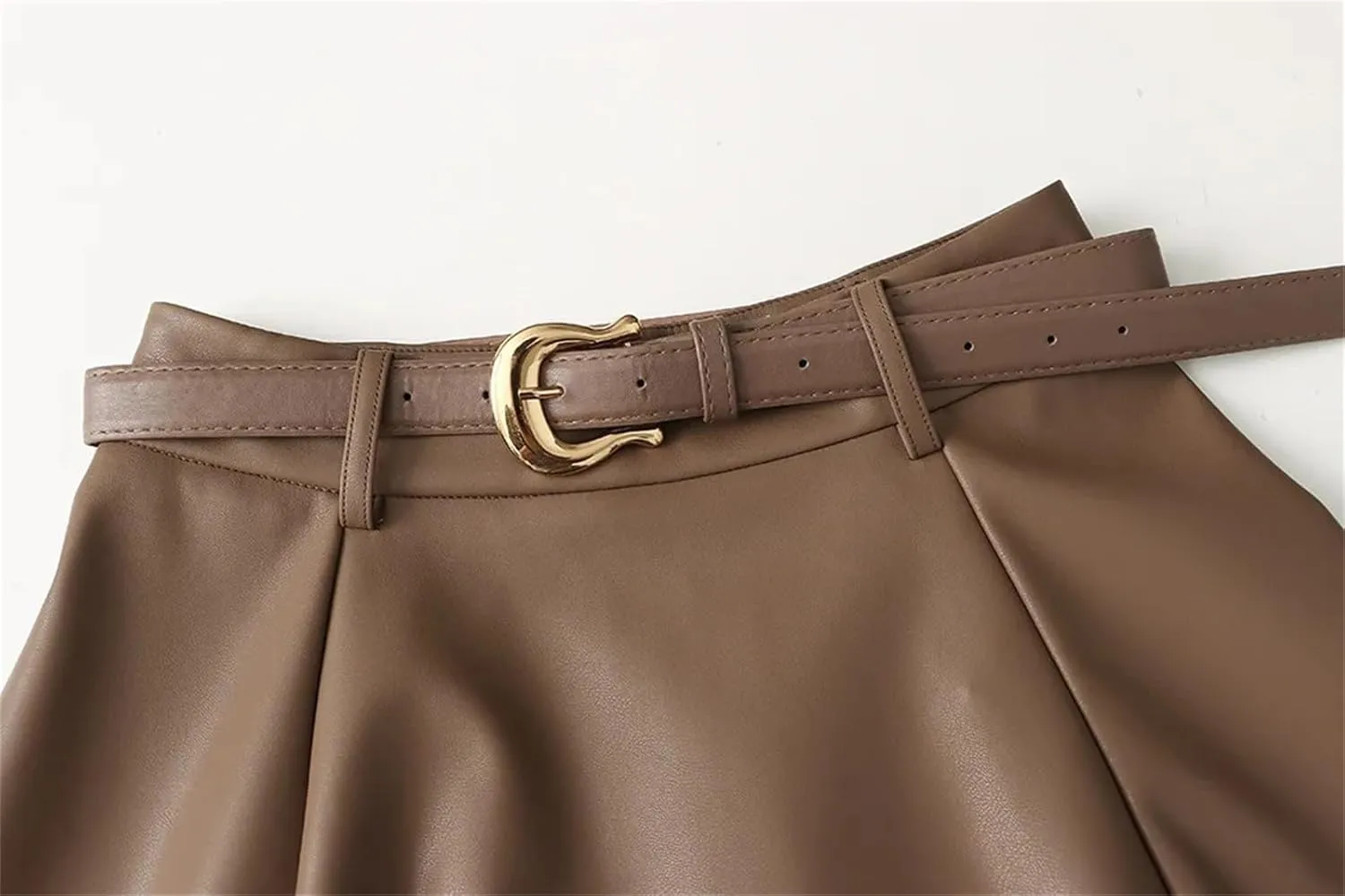 Womens PU Faux Leather Midi Skirt Retro High Waist A Line Pleated Skater Skirt