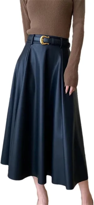 Womens PU Faux Leather Midi Skirt Retro High Waist A Line Pleated Skater Skirt