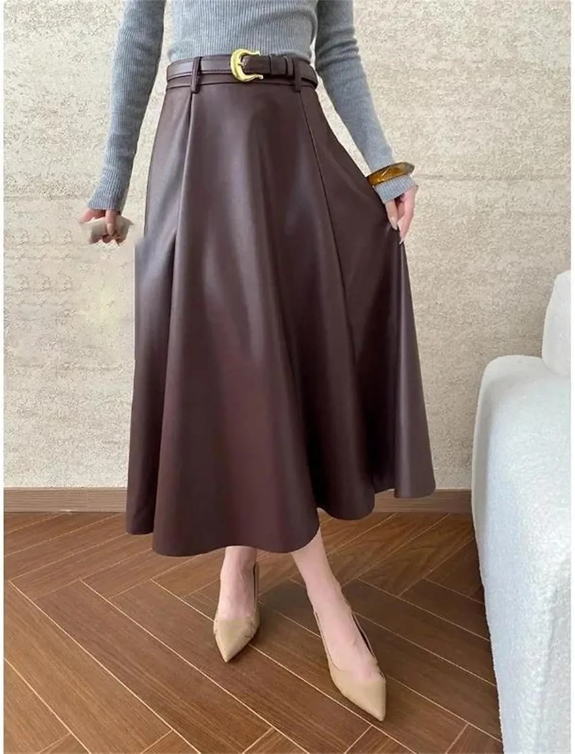 Womens PU Faux Leather Midi Skirt Retro High Waist A Line Pleated Skater Skirt