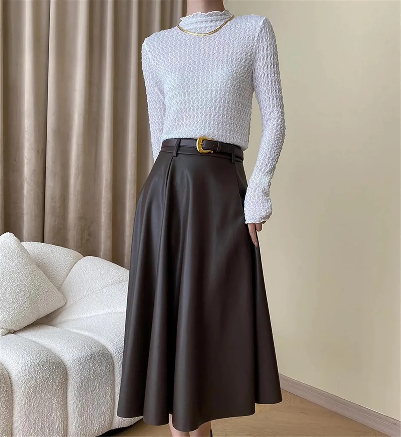 Womens PU Faux Leather Midi Skirt Retro High Waist A Line Pleated Skater Skirt
