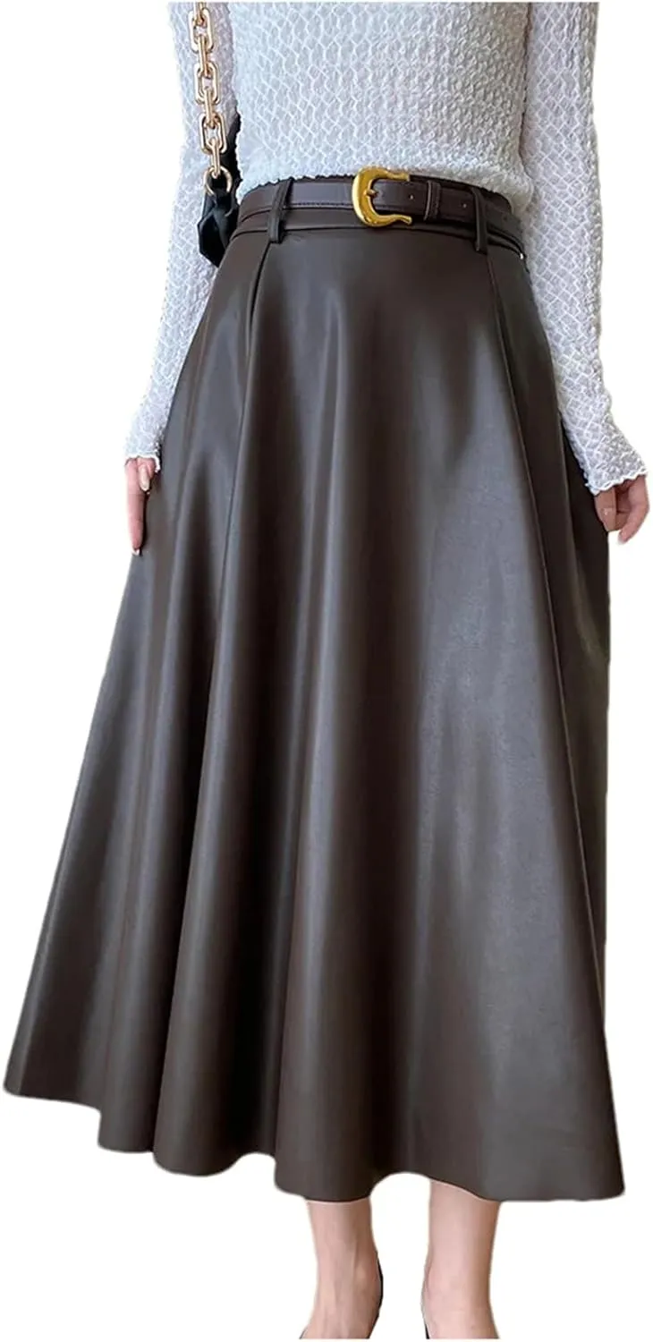 Womens PU Faux Leather Midi Skirt Retro High Waist A Line Pleated Skater Skirt