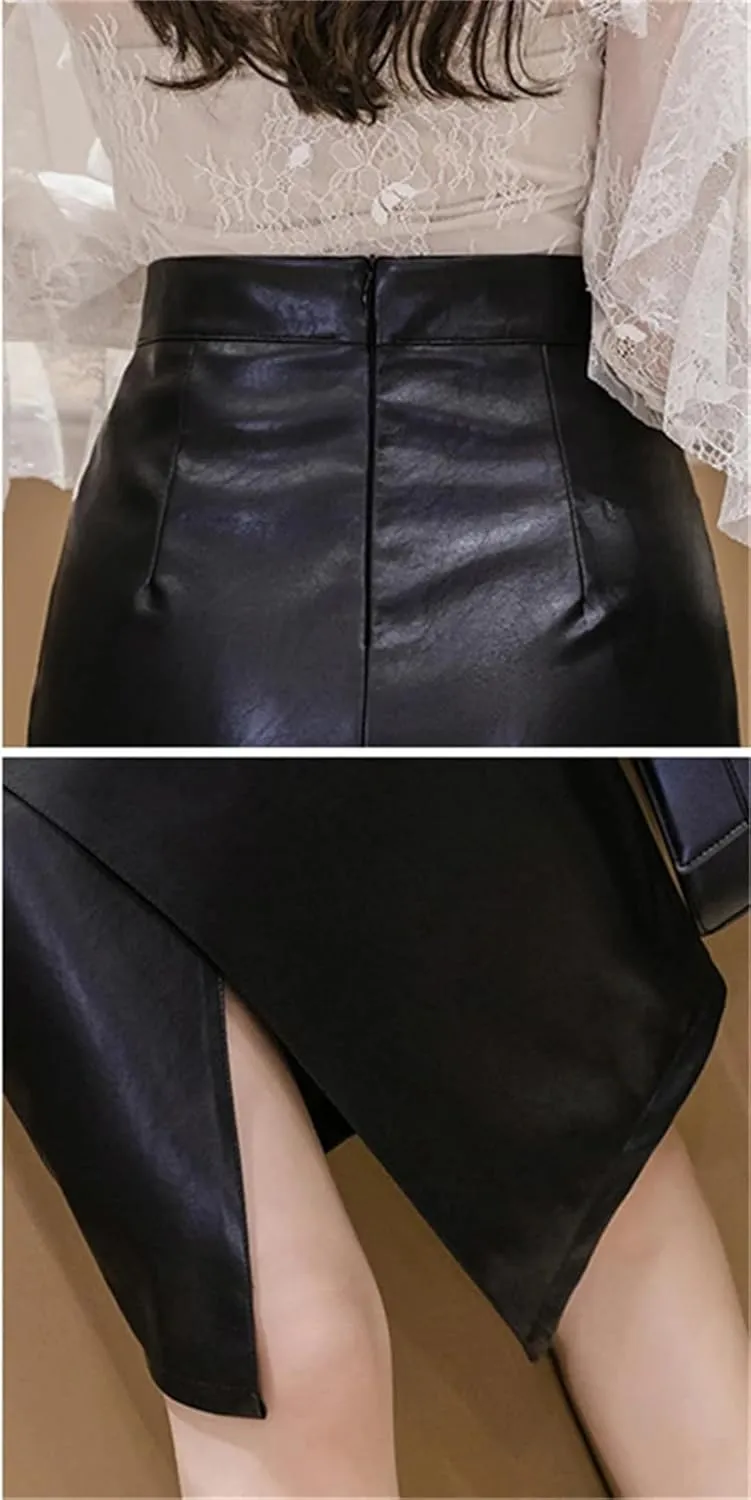 Women's PU Leather Skirt Fashion Office Irregualer High Waist Slim Midi Length Pencil Skirt