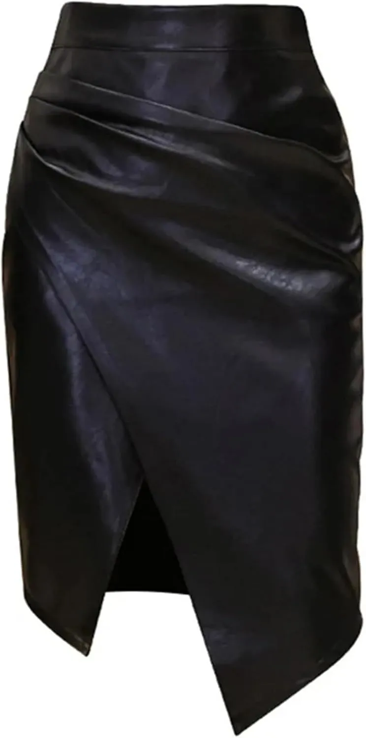 Women's PU Leather Skirt Fashion Office Irregualer High Waist Slim Midi Length Pencil Skirt