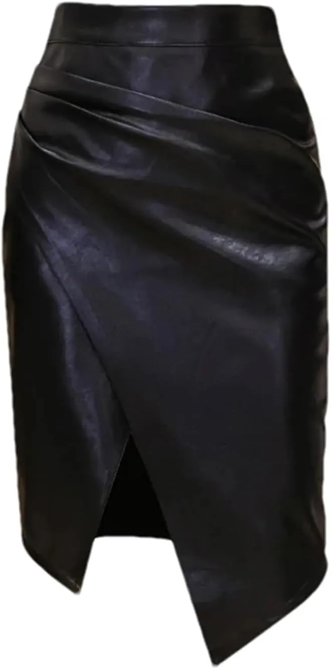 Women's PU Leather Skirt Fashion Office Irregualer High Waist Slim Midi Length Pencil Skirt