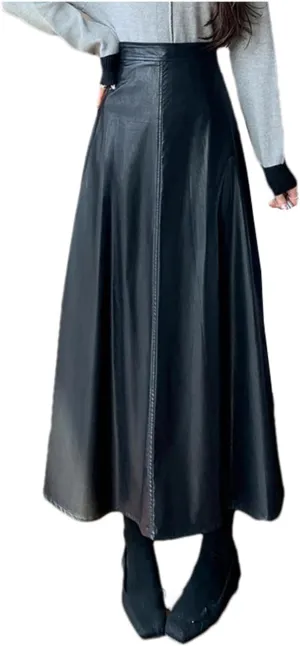 Women's Retro PU High Waist A-Line Skirts Fashion Basic Solid Color Casual Faux Leather Midi Skirt