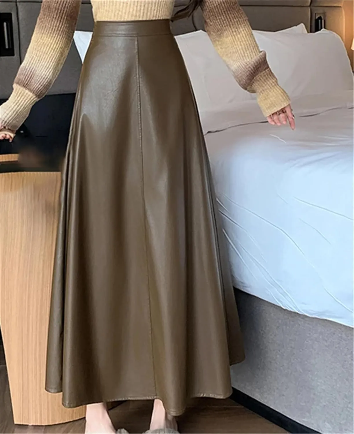 Women's Retro PU High Waist A-Line Skirts Fashion Basic Solid Color Casual Faux Leather Midi Skirt
