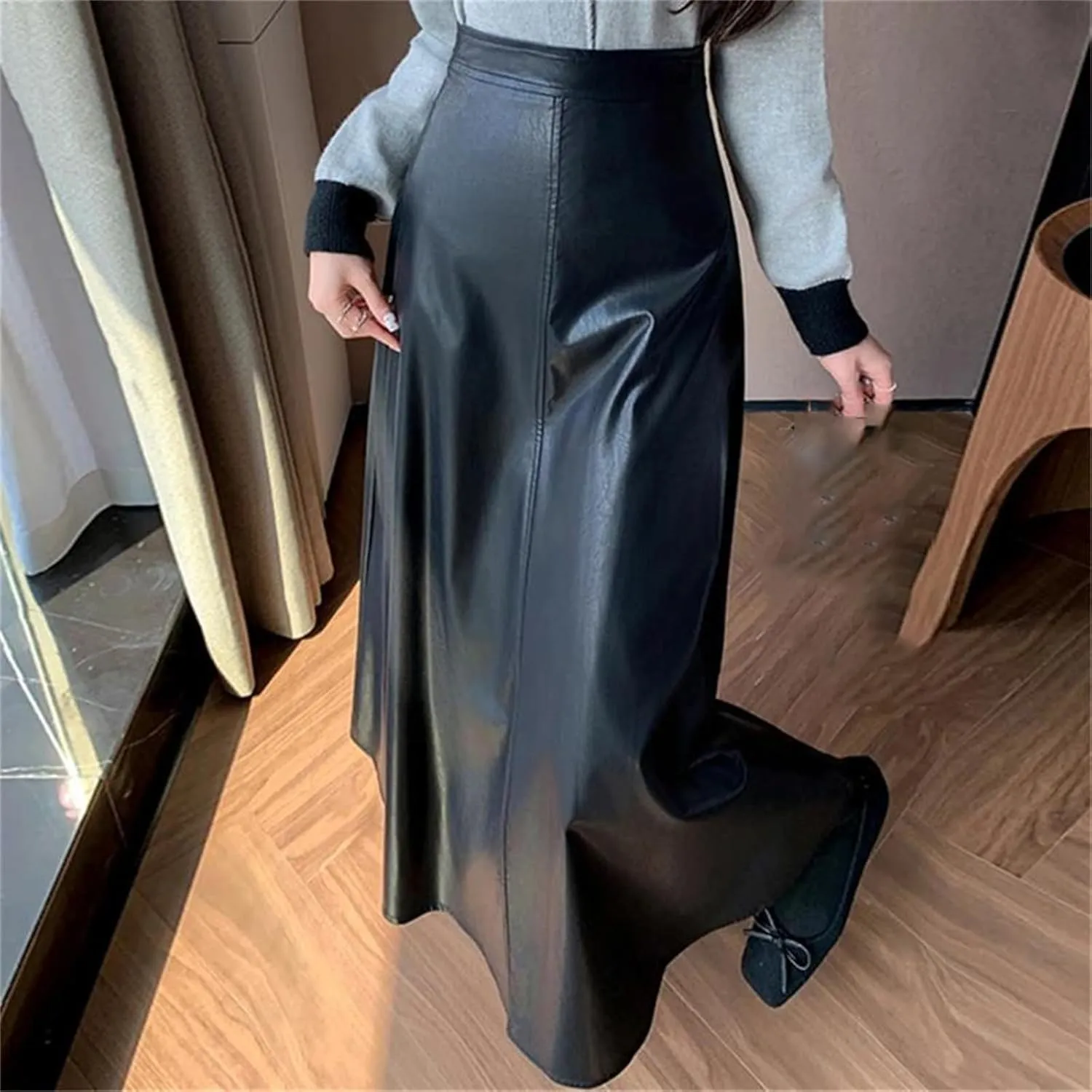 Women's Retro PU High Waist A-Line Skirts Fashion Basic Solid Color Casual Faux Leather Midi Skirt