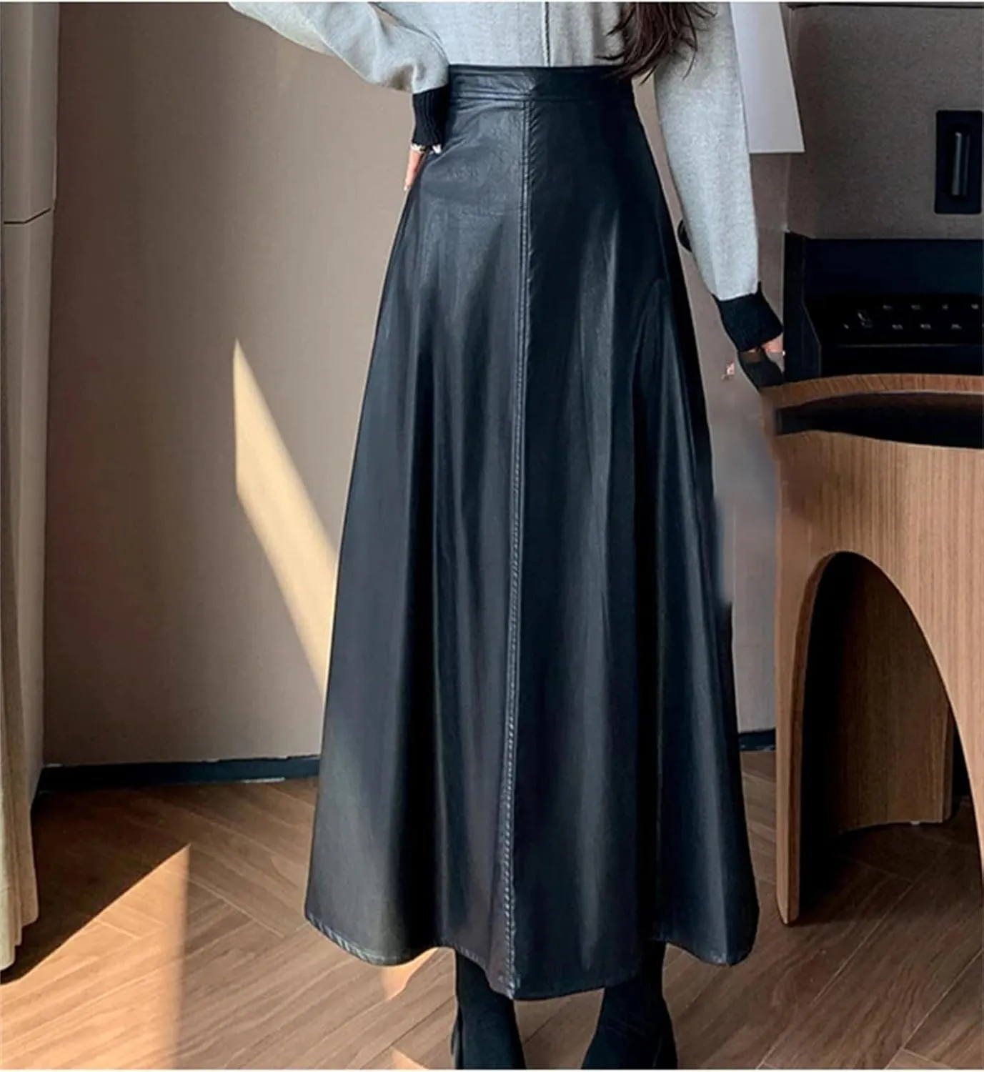 Women's Retro PU High Waist A-Line Skirts Fashion Basic Solid Color Casual Faux Leather Midi Skirt