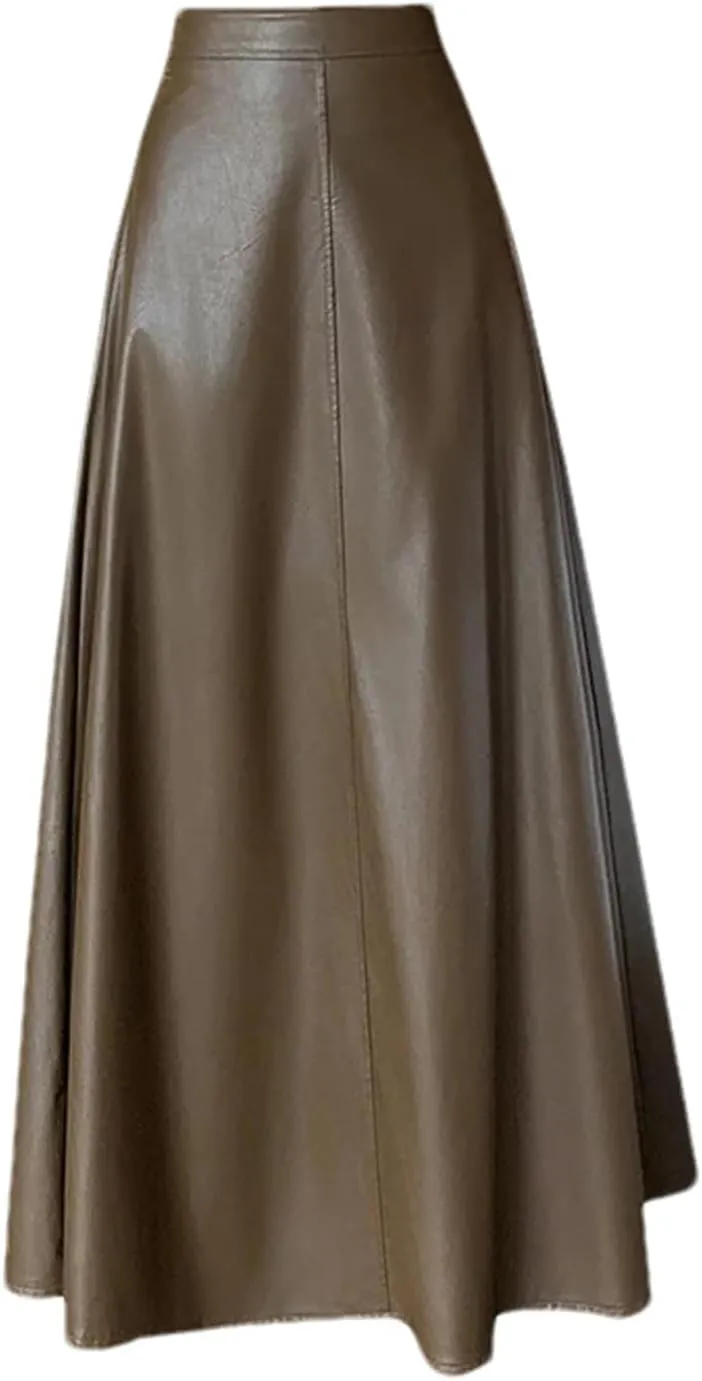 Women's Retro PU High Waist A-Line Skirts Fashion Basic Solid Color Casual Faux Leather Midi Skirt